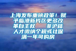 上海发布重磅政策！赋予临港新片区更多改革自主权   非沪籍人才缴纳个税或社保满一年可购房