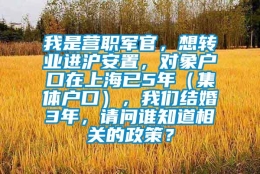 我是营职军官，想转业进沪安置，对象户口在上海已5年（集体户口），我们结婚3年，请问谁知道相关的政策？