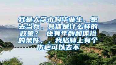 我是大学本科毕业生，想去当兵，具体是什么样的政策？ 还有年龄和体检的条件，，我胳膊上有个伤疤可以去不